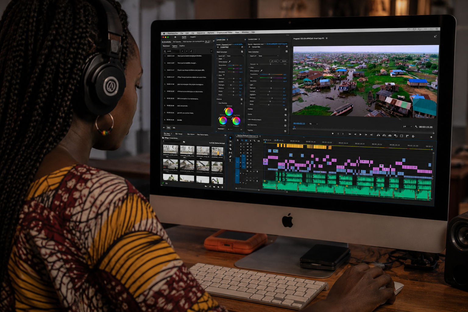 Équipe de post-production travaillant sur le montage vidéo et le motion design à Dakar, Sénégal.