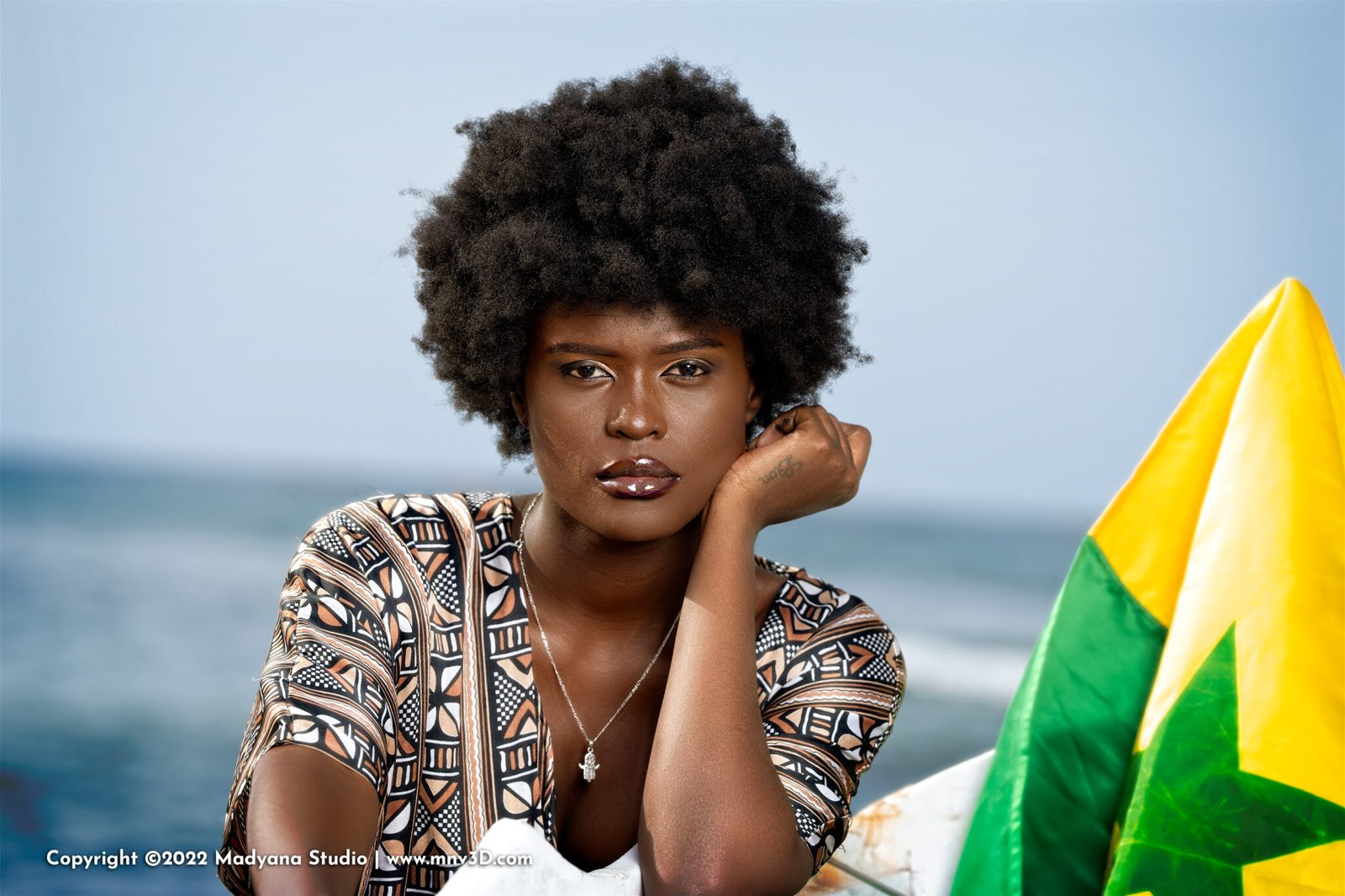 Professional fashion photography in Dakar Sea side, Senegal. Beautiful Equato-Guinean Model African