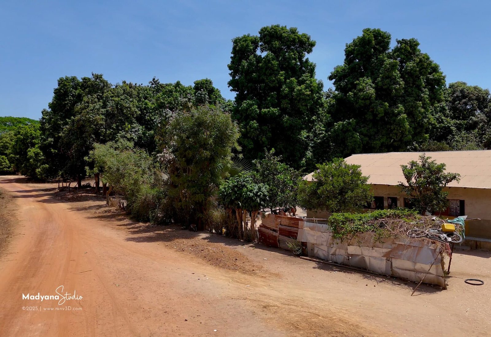 Vue aérienne du village de Casamance à Ziguinchor, Sénégal, montrant l'architecture locale et la végétation.